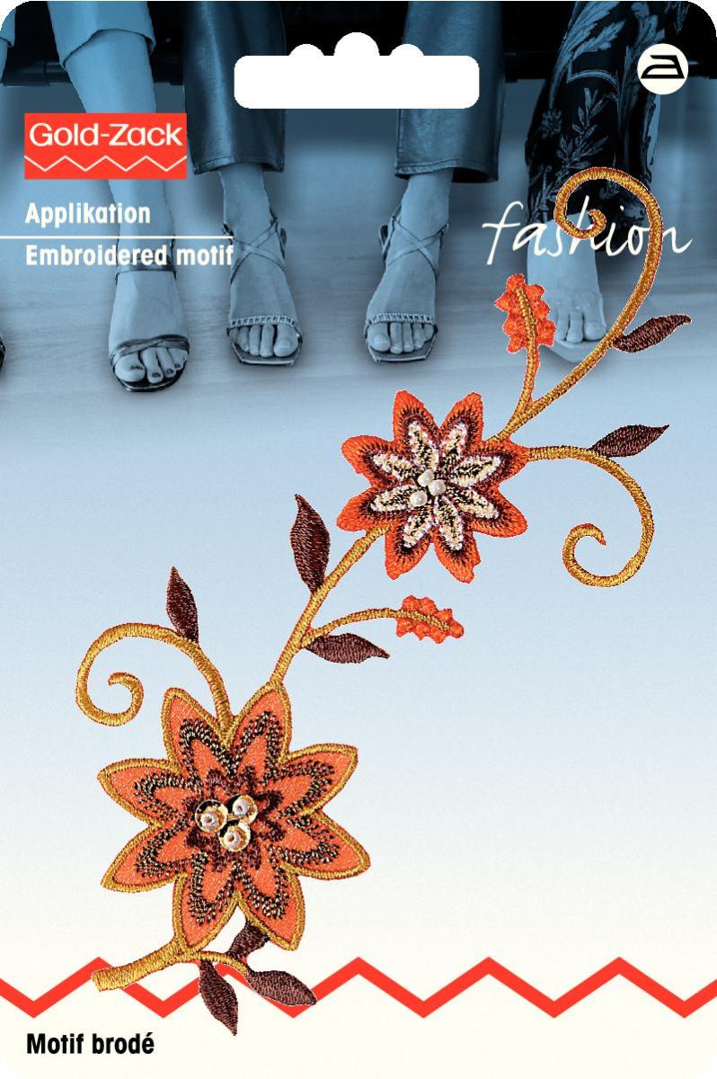 Applikationen - Fashion and Home - aufbügelbar Blumenranke mit Perlen ca. 3,0x13,0 cm braun/orange